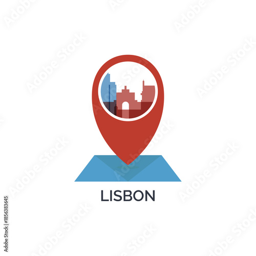 Lisbon icon of map pin pointer, geolocation, skyline shape. Vector logo, isolated clip art. Portugal web symbol with landmarks and buildings