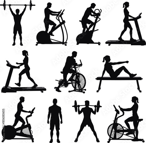 Silhouettes of People Exercising on Various Fitness Equipment