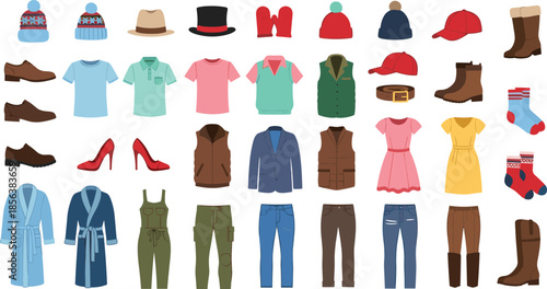 Seasonal clothing collection, fashion accessories, casual and formal wear, wardrobe variety, stylish outfits, flat vector illustration