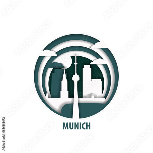 Munich, Germany paper cut, cityscape crafted vector illustration. Origami, layered art of city with skyline, buildings, landscape shape for sticker, badge, web, print