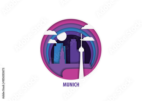 Munich, Germany paper cut, cityscape crafted vector illustration. Origami, layered art of city with skyline, buildings, landscape shape for sticker, badge, web, print