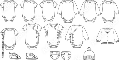 Baby clothing icons, onesies and rompers, infant apparel, newborn fashion, minimal line art, flat vector illustration