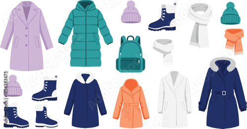 Winter clothing bundle, cozy coats, warm boots, knit hats, scarves, cold weather gear, stylish outfit, seasonal fashion, flat vector 
