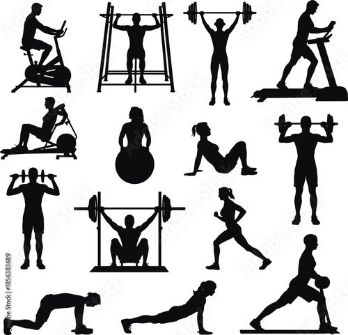 Silhouettes of People Exercising with Various Equipment
