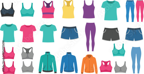 Athletic wear collection, sports clothing, workout outfits, activewear styles, fitness fashion, colorful gym apparel, flat vector illustration