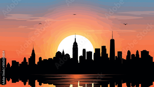 New York City skyline at sunset with warm orange glow in silhouette against vibrant sky for travel brochure