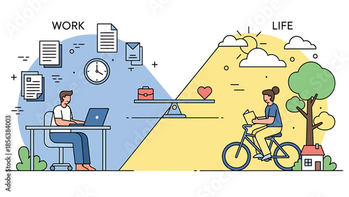 Man transitioning from work to leisure on bicycle in vibrant colorful illustration with warm sunny lighting for wellness promotion