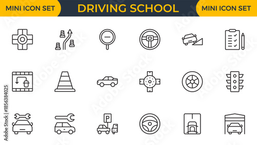 Set of 18 Driving School  web icons in line style Cars, Traffic, Education, and Transportation. Thin outline icons pack. Vector illustration
