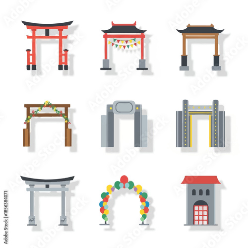 Collection of diverse archways stands proudly, representing various cultural entrances and architectural styles with clean lines and simplified forms.