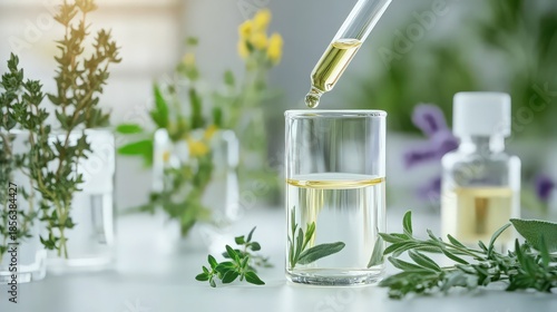 Wallpaper Mural A glass beaker filled with clear liquid and herbs on a white tabletop with flowers Torontodigital.ca