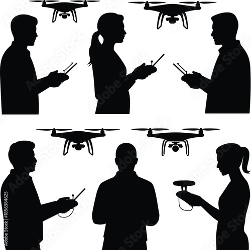 Silhouettes of People Flying Drones with Controllers