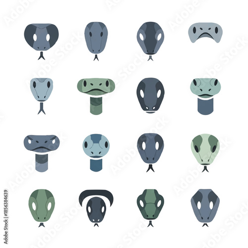 Collection of snake heads facing forward against a white backdrop, showing various species and colors in a simple, modern style.