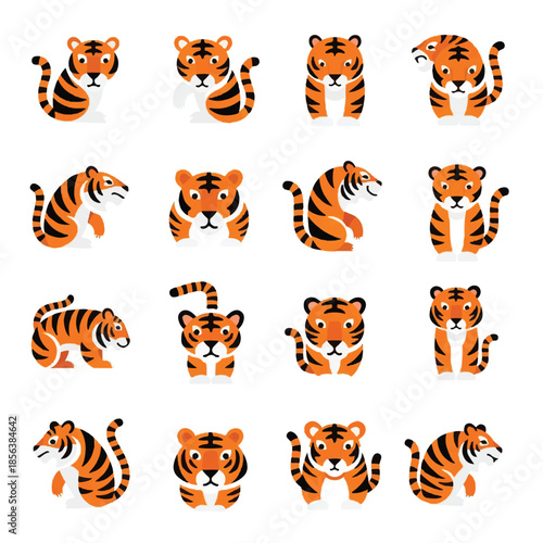 Cute tiger cubs posing and playing in various positions on a white surface, showcasing their playful nature and adorable charm.