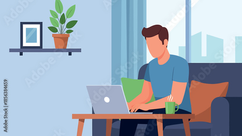 Man working on laptop in cozy living room with modern decor in soft natural lighting for remote work