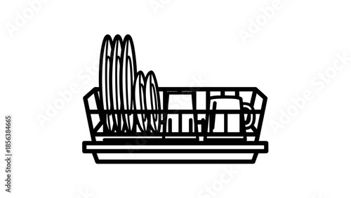 Dish Rack with Clean Dishes Inside.