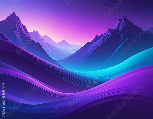 Surreal landscape with purple and turquoise hues, mountainous peaks