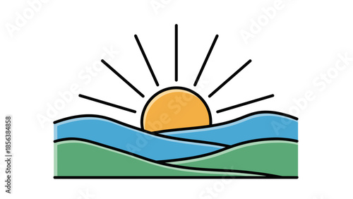 Simple Illustration of Rising Sun Over Hills.