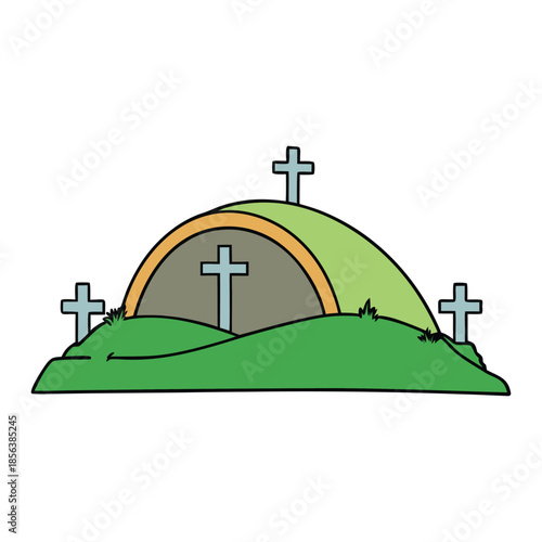 An empty tomb at dawn with three crosses on a hill, symbolizing sacrifice, resurrection, and hope, a serene Easter scene of faith, light, and new life.
