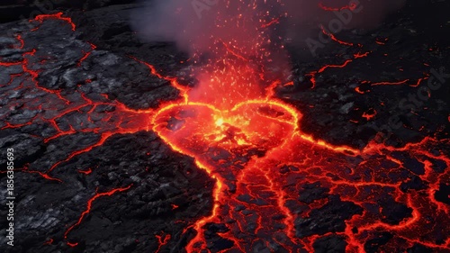 Heart Shaped Lava Flowing From Volcano With Steam and Smoke