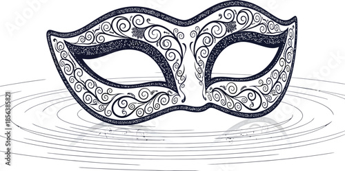 Flat 2D Venetian mask floating on water ripples elegant minimal carnival vector illustration on white