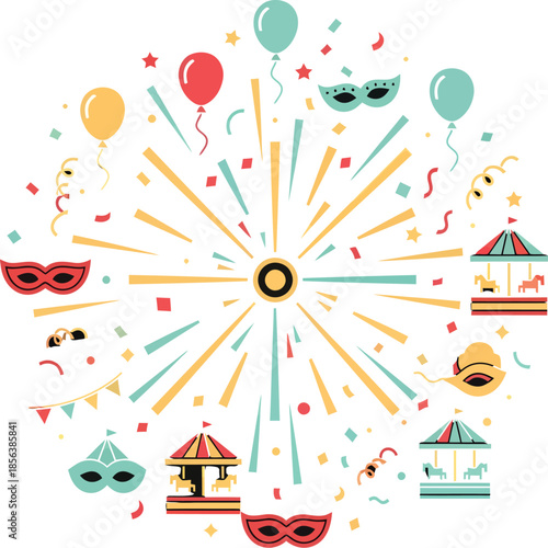 Flat 2D fireworks exploding into carnival symbols simple colorful festive vector illustration on white