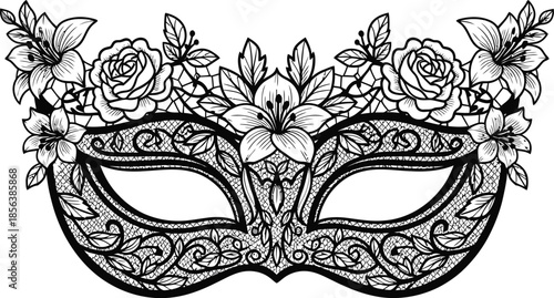 Flat 2D lace mask with floral line patterns classic Venetian carnival vector illustration design icon