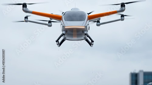 Electric vertical takeoff and landing aircraft flying above city skyline at sunset for future air taxi urban mobility.