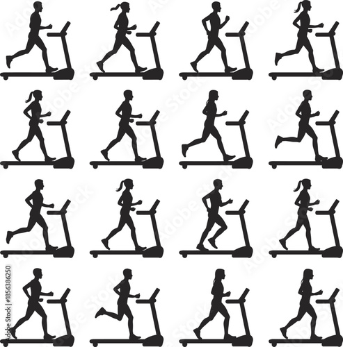 Silhouettes of people running on treadmills in a grid pattern