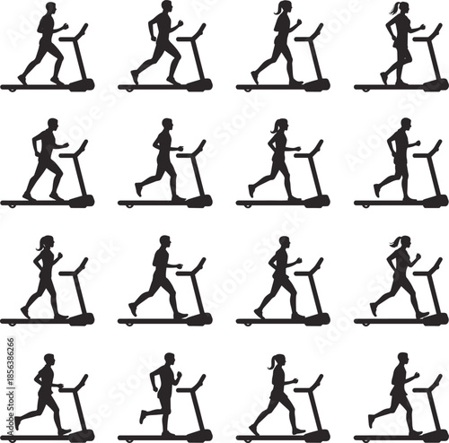 Silhouettes of people running on treadmills in various poses