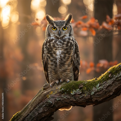 Great horned owl perched on a branch, illuminated by the golden sunlight