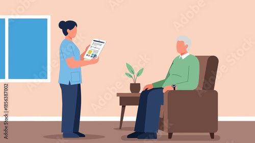 Caregiver reading newspaper to elderly man sitting in armchair at home indoors