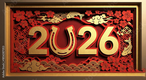 Paper cut style golden 2026 and horseshoe illustration