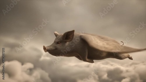 Floating pig with delicate wings glides through dramatic clouds in a surreal, sunlit sky. Marvelous