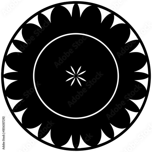 Black circular pattern with white inner circle and starburst center silhouette