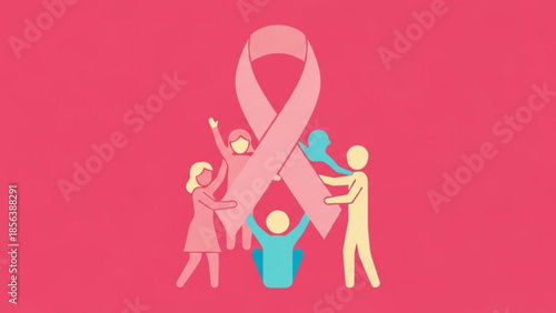 People holding a large pink breast cancer awareness ribbon together, symbolizing support and solidarity, on a pink background
