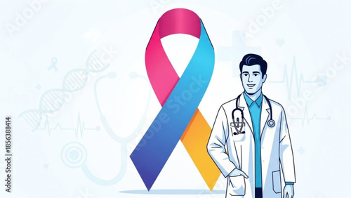 Smiling male doctor standing next to large colorful ribbon symbolizing health and wellness with medical icons in background