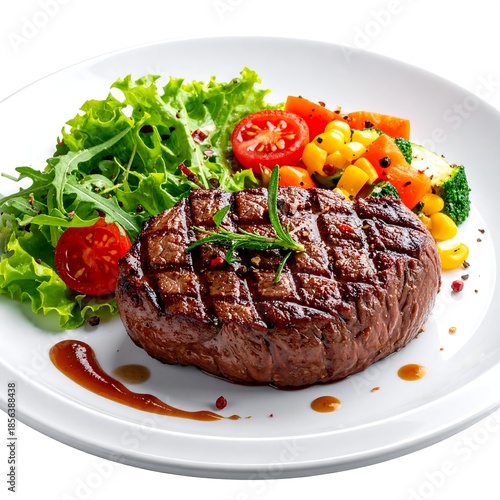 Grilled steak with vegetables and salad, served on a white plate