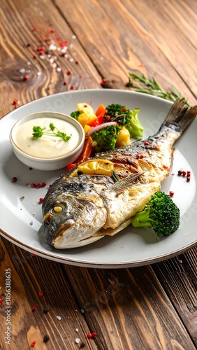 Grilled whole fish with vegetables and creamy sauce on a plate