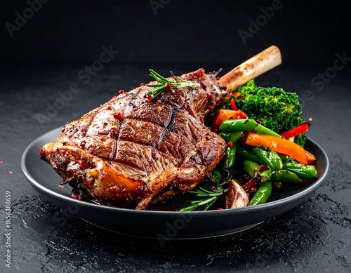 Grilled tomahawk steak with roasted vegetables on a dark plate