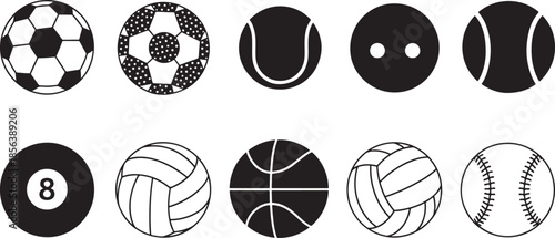 Collection of black and white silhouette representing various sports balls and a billiard ball