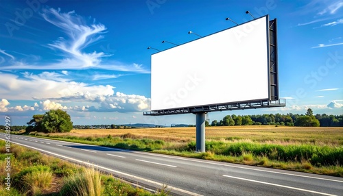 Wallpaper Mural Large blank white billboard standing beside an empty asphalt road in a rural landscape under a blue sky with clouds, ready for advertisement. Torontodigital.ca