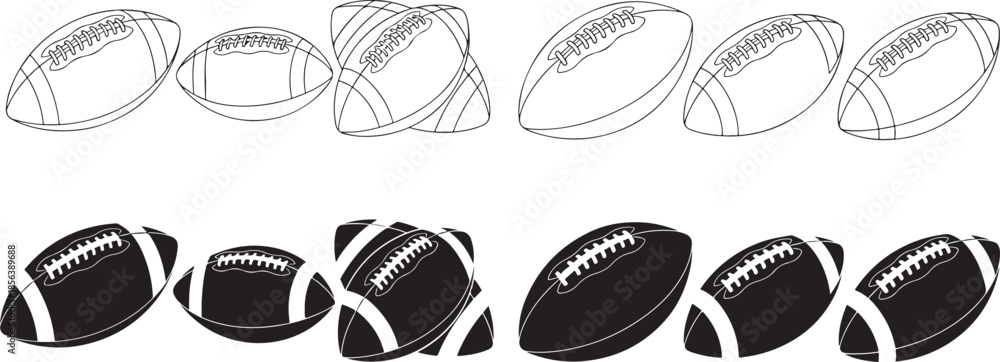 Fototapeta premium Various rugby balls in different styles and colors