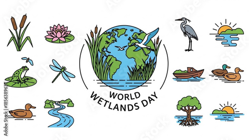 World wetlands day illustration with globe, animals, plants and water features, celebrating conservation and ecosystem