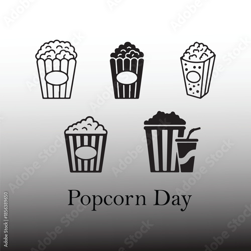 Vector set of stylized popcorn containers and drink cup for Popcorn Day celebration and snack-themed design