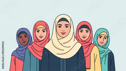 Five women wearing colorful hijabs standing together smiling, diverse group of females in headscarves and casual clothing, multicultural friendship and unity concept