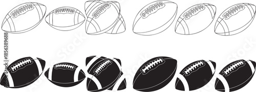 Various rugby balls in different styles and colors