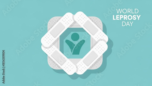 World leprosy day awareness campaign with band aids and a person icon on teal background for health and medical concepts