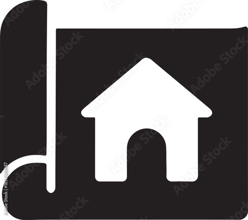Blueprint roll with house symbol representing construction planning and architectural design, bold vector EPS.
