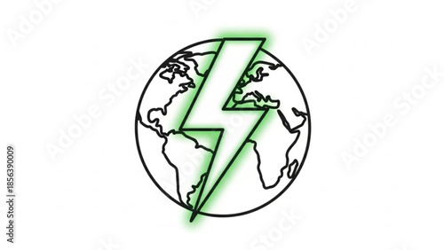Green lightning bolt strikes a black outlined globe with a white background, symbolizing eco friendly energy and environmental conservation efforts worldwide