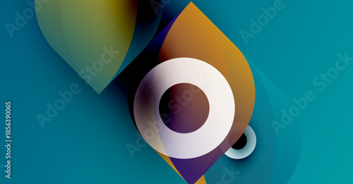 Abstract shapes overlap, creating vibrant color blends. White circle dominates center, suggesting movement, depth. Teal background provides contrast.